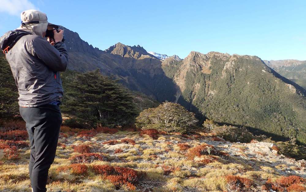 PA100771+Jonathan+photographs+Waingaro+Peak+and+the+ridge+from+Pt+1550+m+--+snowy+Kakapo+Peak+in+background.JPG